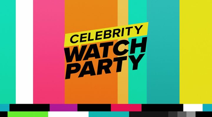 logo for new show celebrity watch party with a rainbow background